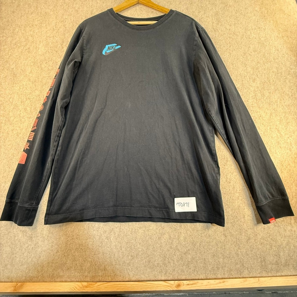 Nike Mens Long‎ Sleeve Graphic T-Shirt Black Red Teal Swoosh Sleeve Print Large